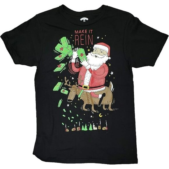 Mens Black "Make It Rein" Santa Claus Reindeer Holiday T-Shirt Sz 2XL 50-52 - Picture 1 of 6